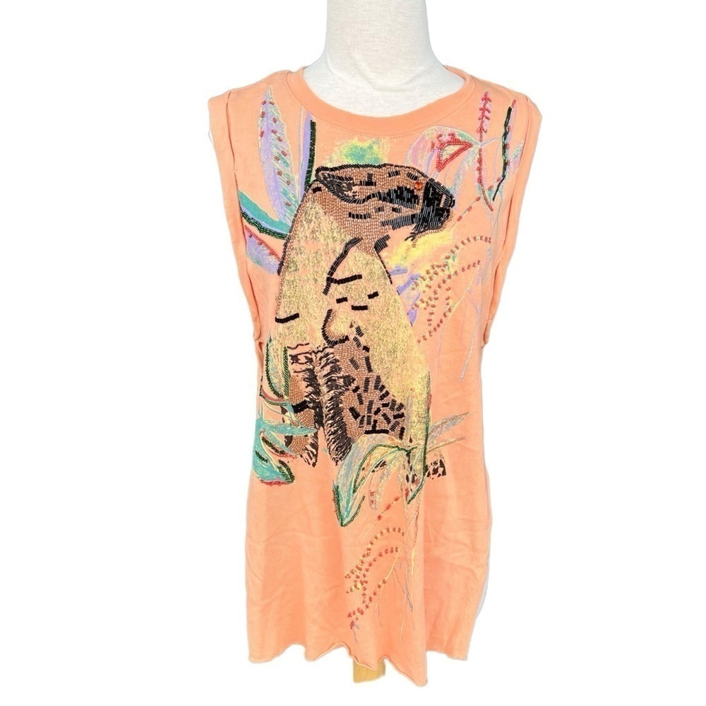 Free People Jungle Bay Tunic Juicy Combo Beaded Tropical Embellished Split Side